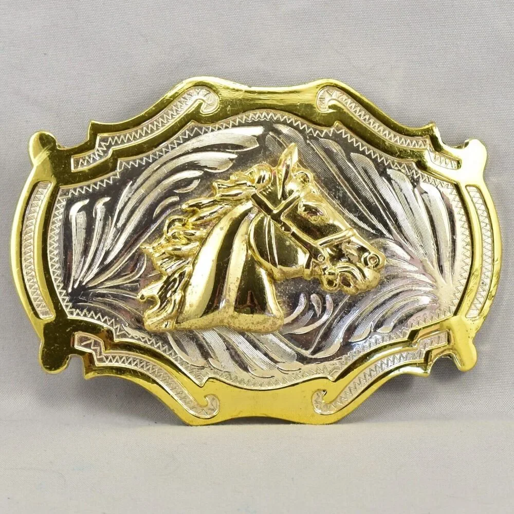 Belt Buckle‎ Horse Head Western Old West Silver and Gold Color Shiny